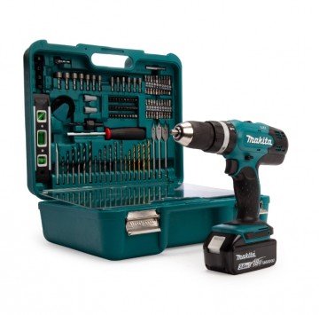Makita DHP453 18V Li-ion Combi drill sett levert med hele 101-delers tilbehør sett (1 x 3,0 Ah batteri)