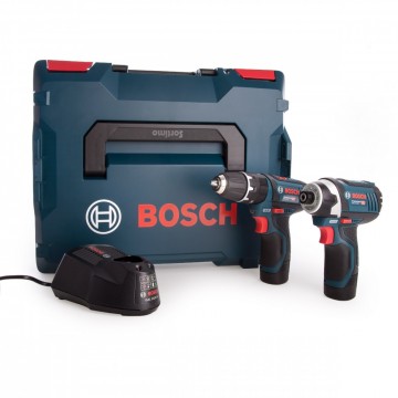 Bosch GSB12V-15LI combi drill + GDR12V-105-LI slagtrekker, twinpack (2 x 2,0 Ah batterier) i L-Boxx