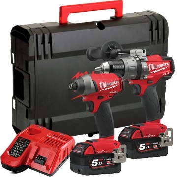 Milwaukee M18 ONEPP2A-502X 2-delers børsteløs combi drill og slagtrekker (2x5Ah batterier)
