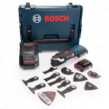 Bosch GOP 18V-28 Børsteløs, professional batteridrevet multikutter med mye tilbehør (2 x 2,0 Ah batterier)